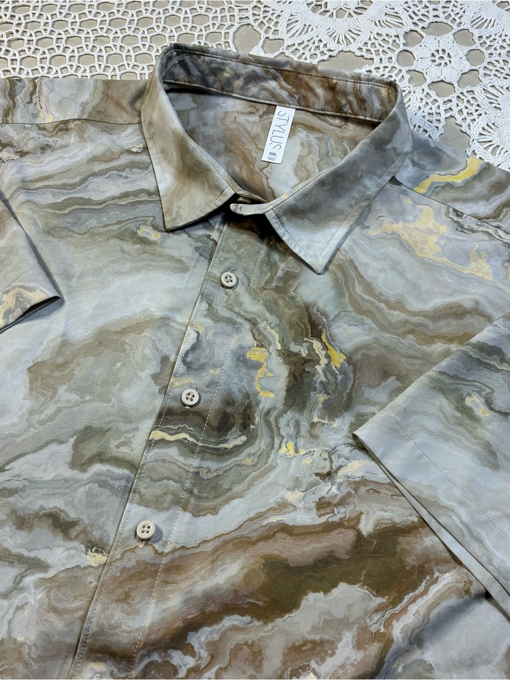 STYLUS Men’s XXL Marble Print Short Sleeve Button Front Shirt Taupe Gold Casual